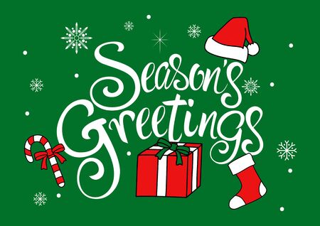 Seasons Greetings text with Christmas decoration isolated on greenのイラスト素材
