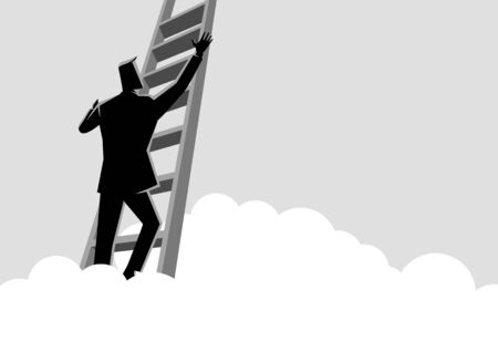 Business concept vector illustration of a businessman climbing a ladder above the cloudsのイラスト素材