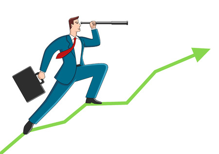 Business concept cartoon of a businessman using telescope on graphic chart. Concept for forecast, prediction, success, planning in businessのイラスト素材