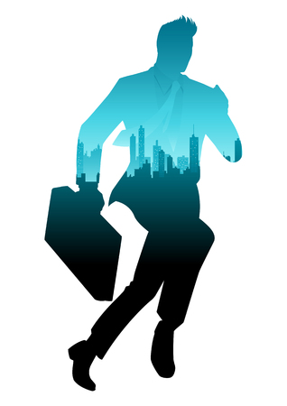 Silhouette vector illustration of a running businessman with double exposure cityscape decoration のイラスト素材