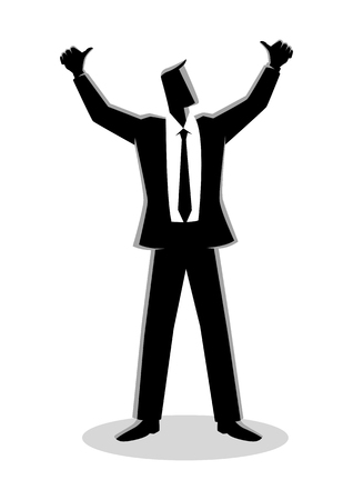 Illustration of a man in a suit with hands up doing thumbs up signのイラスト素材