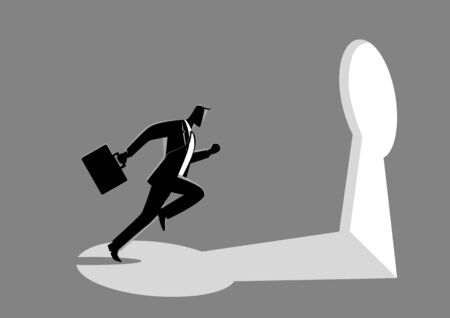 Man with a briefcase running toward a white keyholeのイラスト素材