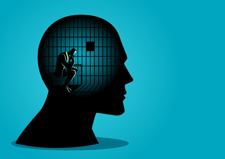 Business concept vector illustration of a businessman in human head being in jail, struggle, lack of creativity, restrictions on the freedom of thought concept.のイラスト素材
