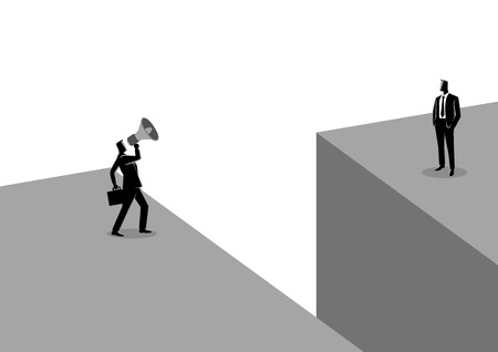 Business concept illustration of a businessman shouting to another businessman with megaphone near the abyss, concept for communication gapのイラスト素材