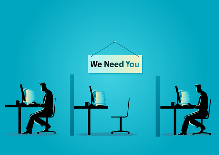 Busines concept vector illustration of two people working on the computers with one empty desk. Job vacancy, new recruitment, trainee, occupation, job search themeのイラスト素材