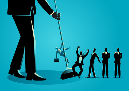 Business concept vector illustration of a businessman sweeping, businessmen being swept by a broom. Downsizing, employee reduction conceptのイラスト素材