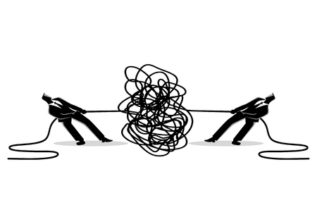 Business concept vector illustration of businessmen trying to unravel tangled rope or cableのイラスト素材
