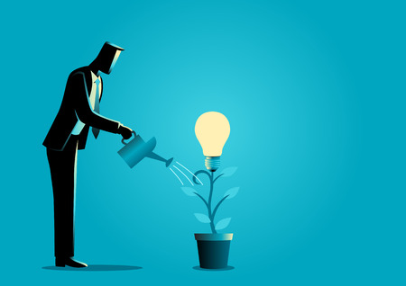 Business concept illustration of a businessman watering young plant with light bulb on it. Creating ideas, business creative idea, business growth conceptのイラスト素材