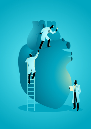 Vector graphic illustration of team of doctors diagnose human heart. Cardiologist Conceptのイラスト素材
