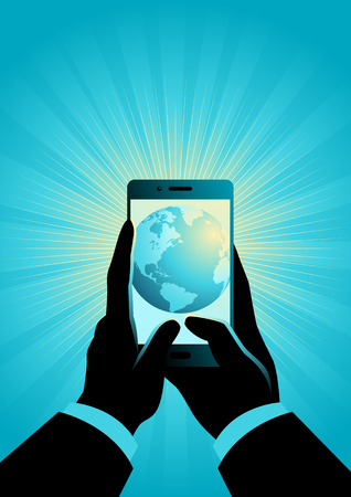 Concept vector illustration of businessman hand holding a smart phone. The world in your hand conceptのイラスト素材