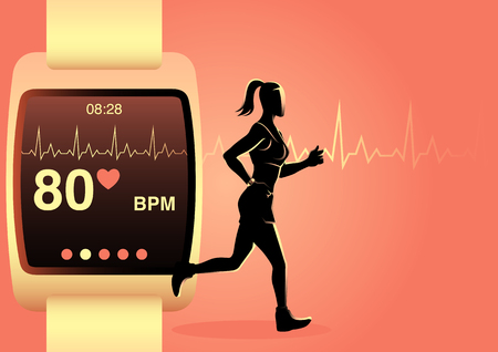 Vector illustration of a woman jogging with smart watch as the backgroundのイラスト素材