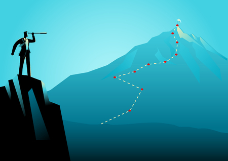 Business concept illustration of a businessman on top of the rock using telescope looking to the top of a mountain. Strategy, planning, forecast in business conceptのイラスト素材