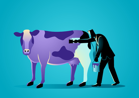 Business concept illustration of a businessman painting a cow with puple paint, marketing concept that states that companies must build things worth noticing right into their products or servicesのイラスト素材