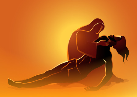 Biblical vector illustration series. Way of the Cross or Stations of the Cross, Jesus is taken down from the cross, Mother Mary mourning the death of Jesus.のイラスト素材