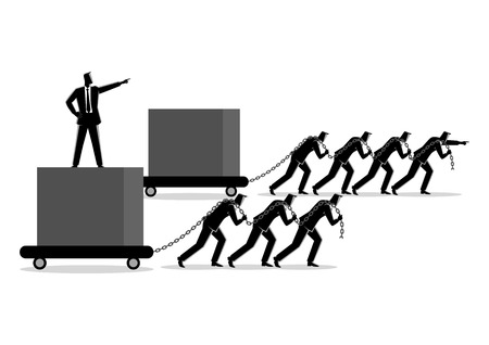 Business concept illustration of businessmen dragging a big box, leading the race against slower group. Winning strategy, efficiency, the difference between leader and boss.のイラスト素材