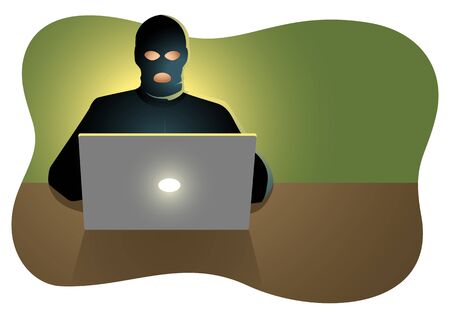 Vector illustration of a hacker behind laptop computerのイラスト素材