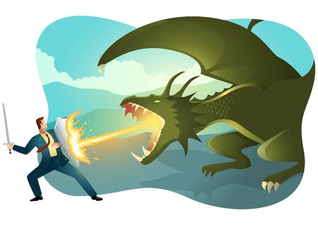 Vector illustration of a businessman fighting a dragon. Risk, courage, leadership in business concept.のイラスト素材