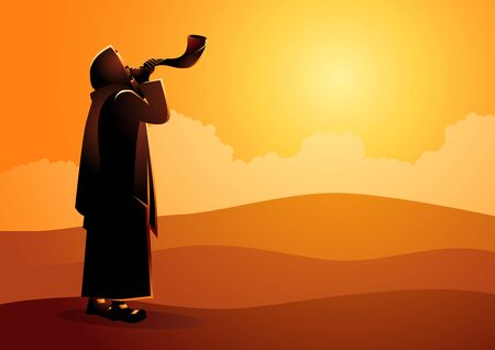 Vector illustration Jewish man blowing the Shofar ramâ€™s horn on Rosh Hashanah and Yom Kippur day.の素材 [FY310130545834]