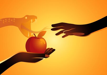 Biblical vector illustration series, Adam and Eve, Eve offering the apple to Adamのイラスト素材