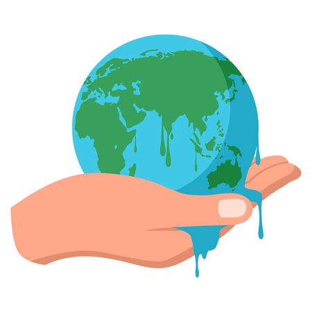 Simple flat vector illustration of hand holding melting earth, global warming, save the earth conceptのイラスト素材