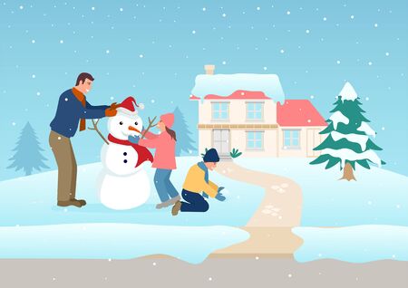 Simple vector illustration of a father playing with his children on winter timeのイラスト素材
