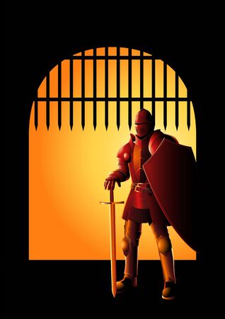 Vector illustration of a medieval knight in armor with sword and shield at the front gate, preparation, protection, precaution conceptのイラスト素材