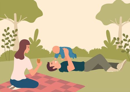 Simple flat vector illustration of happy family playing with their baby in the parkのイラスト素材