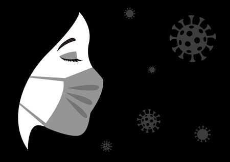 Simple flat vector illustration in black and white of a woman wearing mask, concept for coronavirusのイラスト素材