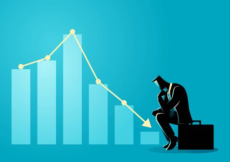 Vector illustration of a businessman sitting listless due to decreasing graphic chartのイラスト素材