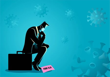 Vector illustration of a man loss job due to coronavirus. Covid-19 outbreak causing companies and businesses in crisisのイラスト素材