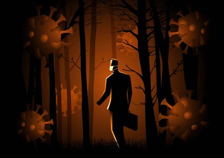Business concept illustration of a man with suitcase walking into the dark forest full with coronavirus. Uncertainty in business due Covid-19 pandemic conceptのイラスト素材