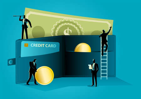 Business concept illustration of businessmen arranging money in giant wallet, cash and credit, money...