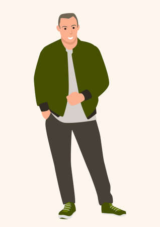 Simple flat cartoon vector illustration of a young man wearing bomber jacket, fashion styleのイラスト素材