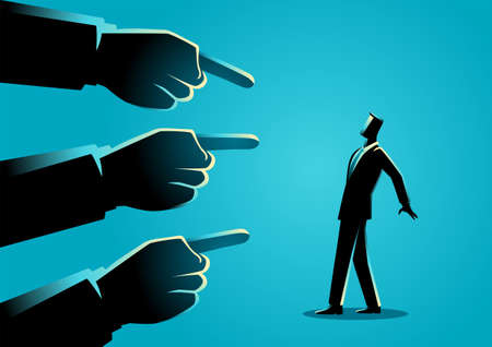 Business concept illustration of a businessman being pointed by giant fingersのイラスト素材