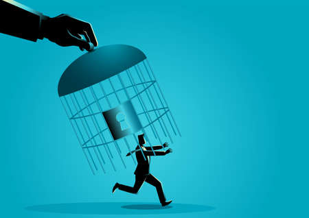 Giant hand capturing a running businessman with birdcage, business concept vector illustrationのイラスト素材