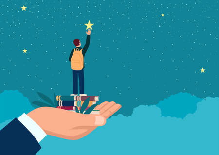 Simple flat vector illustration of a man hand lifting up a school boy to reach for the star, education, parents responsibility conceptのイラスト素材