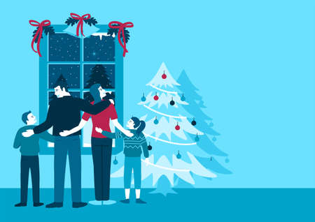 Simple flat vector illustration of happy family in front of the window during winter time, Christmas theme.のイラスト素材