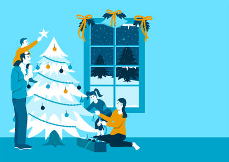 Simple flat vector illustration of happy family decorating Christmas treeのイラスト素材