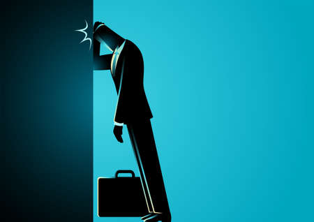Businessman leaning his forehead against wall, business failure, stupid mistake, regret conceptのイラスト素材