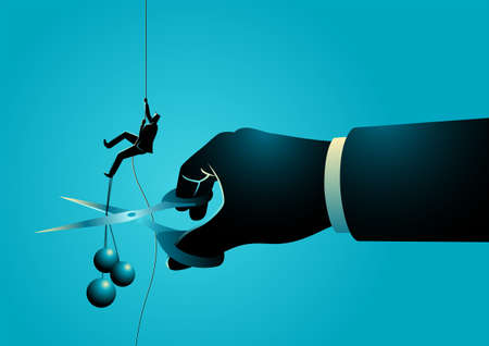 Business concept illustration of a businessman climbing on rope meanwhile a giant hand with scissors...