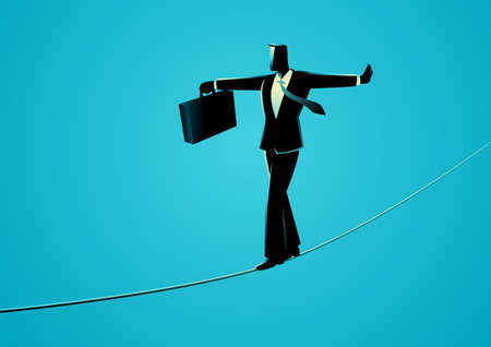 Business concept vector illustration of businessman walking on rope, balancing not to fall. Business riskのイラスト素材