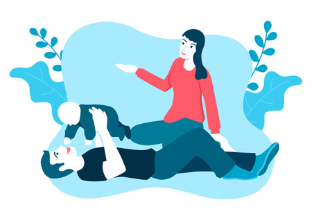 Simple flat vector illustration of parents playing with their babyのイラスト素材