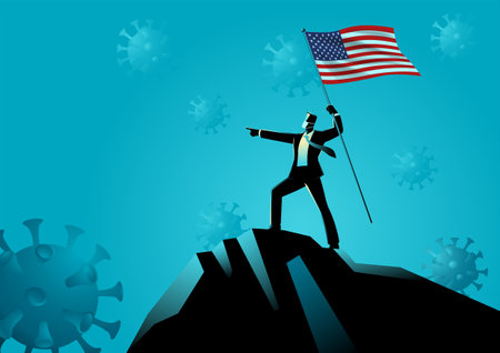 Business concept vector illustration of a businessman holding the flag of USA on top of the mountain. Optimism during pandemicのイラスト素材