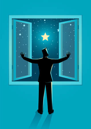 Vector illustration of a man opening the window wide to see clear starry night skyのイラスト素材
