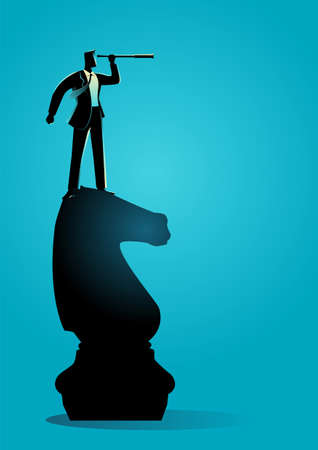 Business concept vector illustration of businessman with telescope standing on chess knight, strategy, vision conceptのイラスト素材