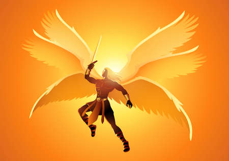 Fantasy art illustration of Michael the Archangel with six wings holding a swordのイラスト素材