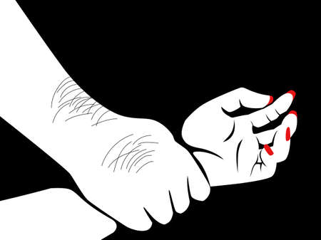 Line art illustration of a hairy man's hand holding a woman hand, having sex, rape concept
