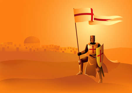 Vector illustration of Templar Knight holding a flag and shieldのイラスト素材