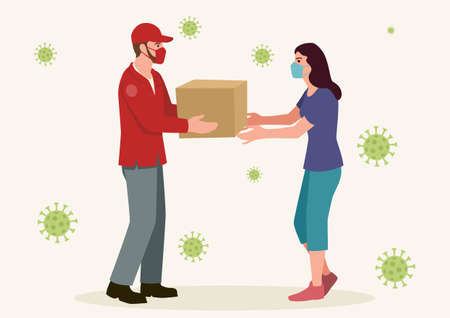 Simple flat vector illustration of a man delivering a package to a woman, both of them wearing medical maskのイラスト素材