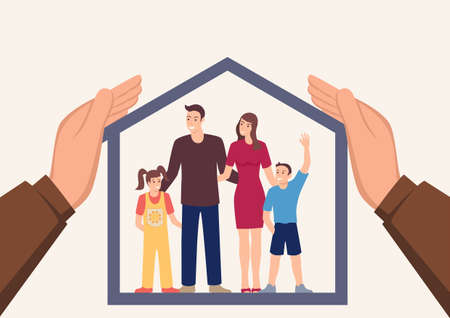 Simple flat vector illustration of big hands covering a house with happy family inside, insurance and healthcare conceptのイラスト素材